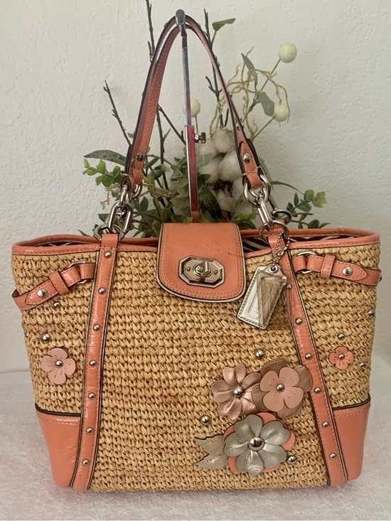 Coach Handbags - Coach Hamptons Woven Straw Coral Appliqué/Floral Embellished Shoulder/Tote Bag
